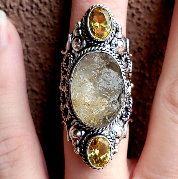 New Rough Golden Rutile and Citrine 925 Silver Statement Ring. - Picture 11 of 12